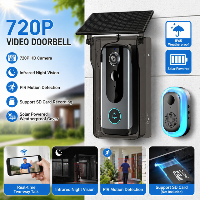 Custom Solar Video Doorbell Camera with IP65 Rain Cover, PIR Motion Detection, 4000mAh Battery, OEM Private Label Wholesale