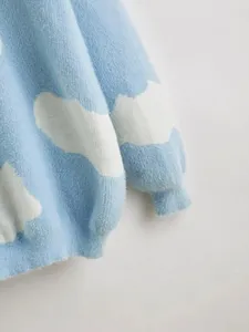 Özel tasarım kadin bulut baskılı mavi bulanık kazak mürettebat boyun örme artı boyutu kazak