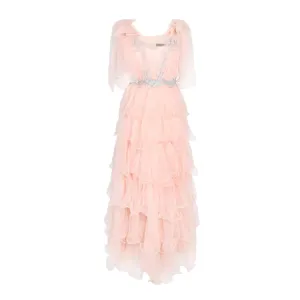 优雅风格女装晚会礼服玫瑰色粉红色高品质定制品牌分层荷叶边长款连衣裙与刺绣