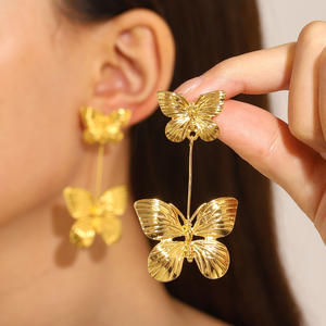 Golden Butterfly Stud Dangle Designer 18K Gold Plated Luxury Elegant Double Butterfly Drop Pendientes para mujer - Product Image 3