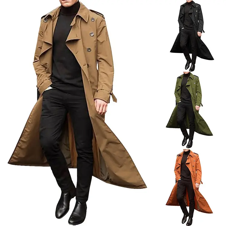 Fashion Mens Black Long Sleeve Lapel Coats Double Breasted Slim Jacket Long Trench Coat With Belt Pocket