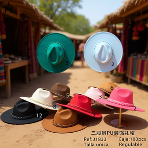 Sombrero Étnico Trenzado de Tres Hilos con Decoración de PU, Color Sólido, Talla Ajustable, Talla Única - Product Image 3