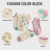 Chaussettes courtes pour femmes en jacquard color block, longueur cheville, tricot doux, personnalisables OEM, avec logo sur mesure, style doux et tendance