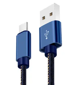 Kabel pengisi daya 5v 2.1A, kabel usb kepang Kain jeans kualitas bagus, kabel pengisian daya super cepat Tipe c untuk ponsel