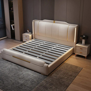 Роскошная Современная двуспальная кровать размера «King-Size» из мягкой кожи, однотонная деревянная двуспальная кровать с отделением для хранения мебели для спальни для дома или отеля - Product Image 3