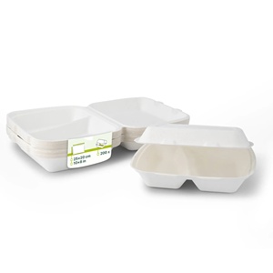 Boîtes à lunch rectangulaires compostables à deux compartiments avec couvercle à charnière en canne à sucre, 25x20 cm - Product Image 1