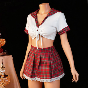 Plus-size <b>Sexy</b> Lace Plaid Pattern Student Uniform Seductive Two-piece Cosplay Lingerie <b>Set</b> European/American Cross-border - Product Image 4