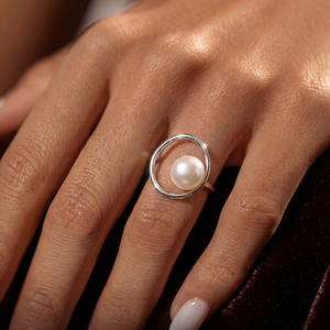 Copper <b>Circle</b> Hoop Freshwater Pearl <b>Ring</b> Geometric Open Frame Dainty Pearl Jewelry for Women Wedding Gift - Product Image 5