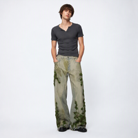 Jean Homme DIZNEW Crème Délavé Coupe Évasée Longueur Entière Vert Mousse Véritable Broderie 3D Motif Vigne Franges Brutes Ourlet Naturel Avant-Garde OEM