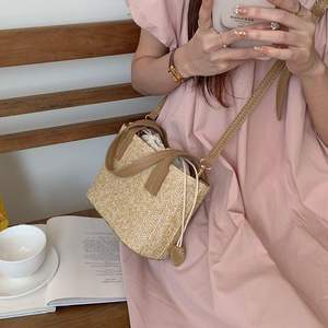 Straw Woven <b>Mini</b> Tote <b>Bag</b> Drawstring Closure Soft Weaving Summer Women's Handbag Casual Everyday Use Apricot Brown <b>Black</b> - Product Image 3