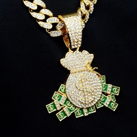 Pendentif Sac à Argent Dollar en Alliage de Luxe, Bijou Hip Hop Entièrement Serti de Cristaux