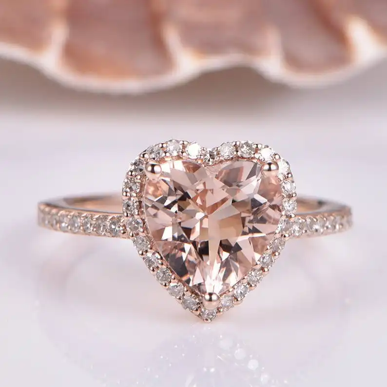 Custom Woman Bezel Pear Shaped Stone Heart Wedding Jewelry 9K 10K 14K 18K Solid Rose Gold Plated Morganite Ring With Diamonds
