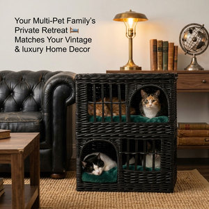 Black Rattan <strong>2</strong>-<strong>Tier</strong> <strong>Cat</strong> House Wicker Enclosure Removable Cushions Cozy Indoor Pet House <strong>Beds</strong> - Product Image 5