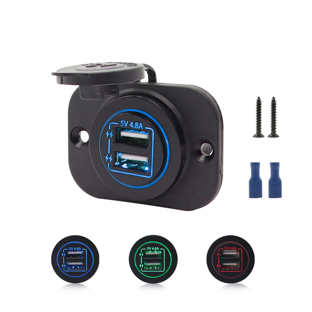 Amomd 4.8A LED Waterproof Dual Port Fast Charge USB Socket Plastic Single Face Plates for Marine Car Use Fast Charging Plugs