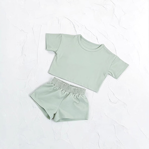 Zomer Ins Style Babykleding Zuiver Katoen Korte Mouwen T-shirt Shorts <span class=keywords><strong>Set</strong></span> Unisex Kinderen Effen Kleur Zacht Veelzijdig Babypakje - Product Image 5