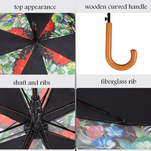 Traditional 23 Inch Hook Handle <b>Umbrellas</b> Classic Fiberglass Ribs Metal Stick Strong <b>Windproof</b> Auto Open Pongee Sunny Kinte OED - Product Image 3