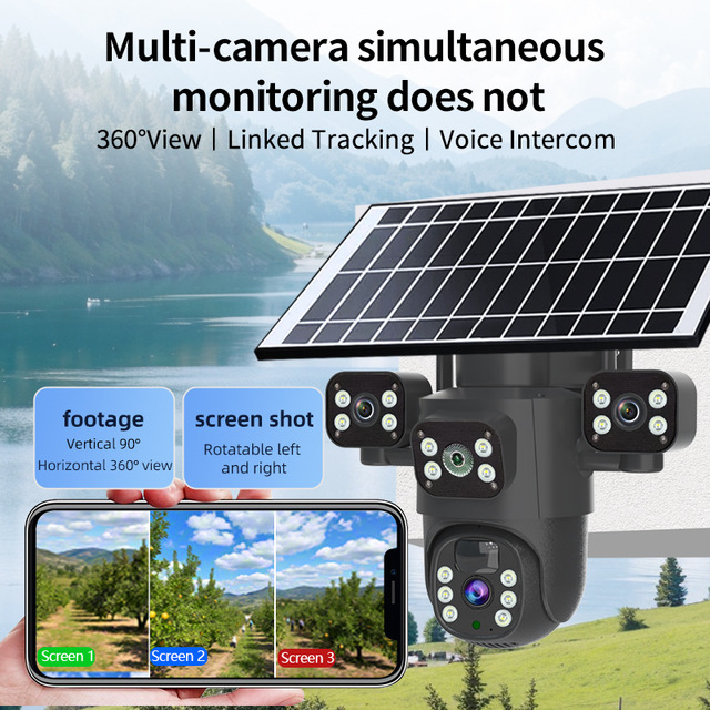4G Wireless Solar Powered PTZ 6MP Outdoor HD Camera AOV Low Power Real 3Lens Solar CCTV for Outdoor Monitoring Camera