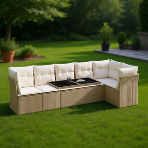 Medium Modular Beige Poly Rattan <b>Garden</b> <b>Sofa</b> Set Outdoor Furniture Contemporary Design - Product Image 2