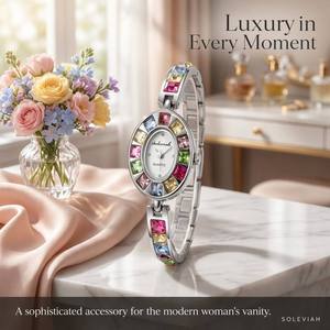 Soleviah – montre-bracelet en cristal coloré pour femmes, cadran ovale en nacre, bijoux en argent, montre-bracelet à Quartz, cadeau de mariage - Product Image 5