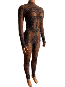 Traje <span class=keywords><strong>de</strong></span> Baile <span class=keywords><strong>de</strong></span> Verano, Ajustado, con Pedrería Brillante, para Club Nocturno, Bar, Red Social, Cuello Rojo, Estilo Celebridad, <span class=keywords><strong>Mono</strong></span> para Escenario - Product Image 5