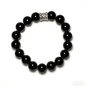 Bracciale in <span class=keywords><strong>ossidiana</strong></span> nera naturale da 10 mm con ciondolo in argento da 7 mm, pietra energetica curativa, gioiello protettivo per uomo e donna, 17 cm - Product Image 1