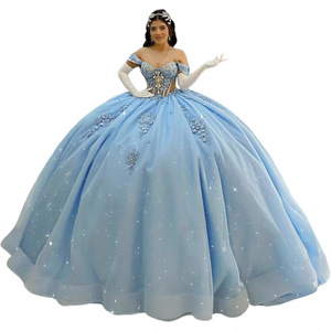 Off The Shoulder Light Blue Ball Gown Chiffon Empire Waist Prom Dress With Train And Cut Out Details For Adult Princess Style - Product Image 4