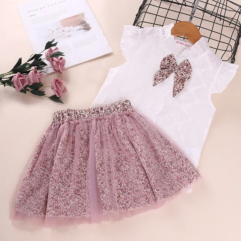 Spring Summer 2021 Girls Short-sleeved Shirt Skirt Suit Children's Clothing Tops Dress Set For Girl Bow Lace Clothes Kid Fashion
