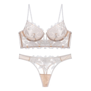 Conjunto de lencería sexy de encaje bordado para <span class=keywords><strong>mujer</strong></span>, sujetador push-up fino y bragas, lencería sexy con escote en V profundo para <span class=keywords><strong>mujer</strong></span> - Product Image 1
