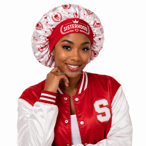 Bonnet en satin inspiré de <span class=keywords><strong>la</strong></span> vie grecque, <span class=keywords><strong>rouge</strong></span> et blanc, bonnet de nuit personnalisé style sororité pour les femmes étudiantes - Product Image 1