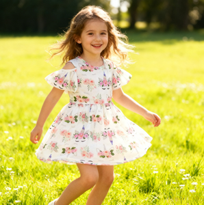 Los más nuevos niños hombro frío Flutter manga vestido verano Casual Ruffle Twirl vestido unicornio <span class=keywords><strong>y</strong></span> flor una línea bebé niña vestido - Product Image 5