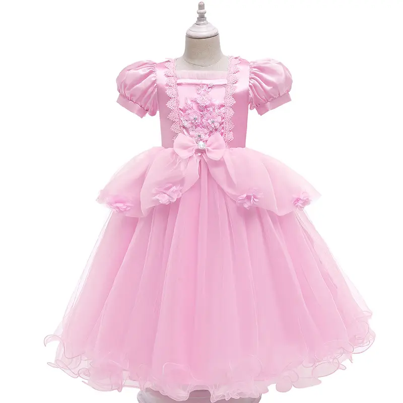 High Quality Available Short Sleeve Performance Satin Pink Flower Girls Princess Party Dress