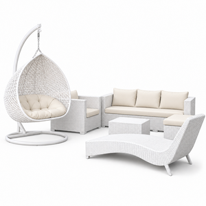 Ensemble de salon d'extérieur en rotin blanc avec chaise suspendue et coussins personnalisés pour jardin et terrasse, fabriqué en Indonésie - Product Image 1