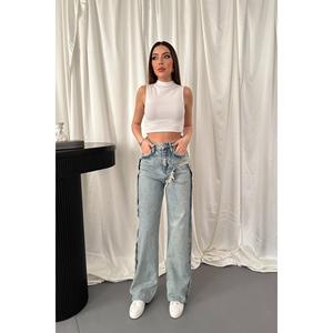 Jeans pour femmes à fente latérale effet délavé, produit en gros - Product Image 6