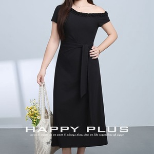 เดรสสีดำแบบเปิดไหล่แต่งระบาย ไซส์พลัส เอวธรรมชาติ สไตล์ลำลอง สำหรับผู้หญิง สีพื้น รุ่น N9256 - Product Image 2