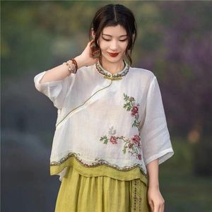 Women's Cotton Linen Embroidered Color Block Short Sleeve Top With Contrast Binding Breathable Artistic Retro Chinese Style - Product Image 1