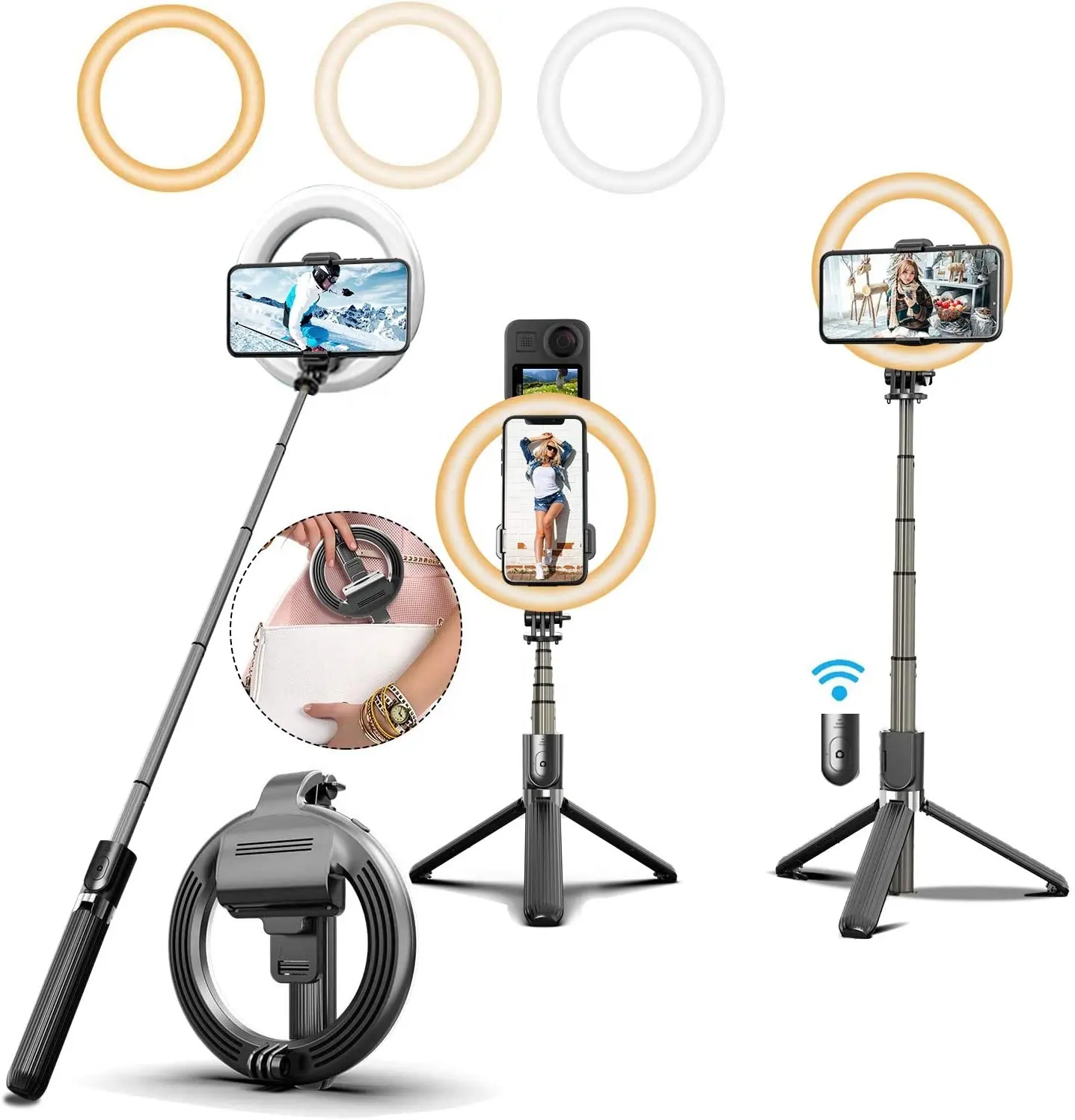 CYKE L07 Selfie Ring Light With Tripod Stand And Phone Holder Bluetooth Selfie Stick Led Makeup Ring Light Rechargeable Dimmable