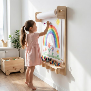 Tableau de dessin mural en bois Montessori pour enfants, gain de place, avec étagère de rangement et distributeur de rouleaux de papier - Product Image 1