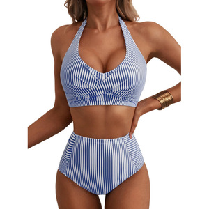 Nouveau Maillot de Bain Deux Pièces Femme 2026 à Taille Haute, Col Halter et Sac de Rangement Intégré, Motif Rayé - Product Image 6