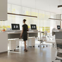 Table de travail moderne relevable pour deux personnes avec cloison, bureau double électrique réglable en hauteur en bois massif pour ordinateur, bureau de personnel avec écran blanc