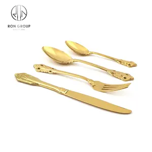 Cutlery Metal Good Quality Brass Embossed Silverware Matt Silver Cutlery Set For Wedding Tableware