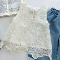 Ensemble de vêtements d'été pour enfants, 2 pièces, chemise sans manches en dentelle et jean en dentelle patchwork, ensemble de vêtements Offre Spéciale filles