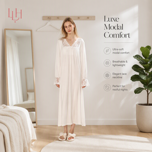 Camisón Largo para Mujer, de Alta Calidad, con Paleta de Colores Atemporal, Suave y Transpirable, con Ribete de Encaje, en Negro, Blanco y Gris, para Venta al por Mayor y Tiendas - Product Image 1