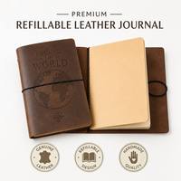 Diario de Viaje de Cuero Recargable Estilo Vintage con Cubierta Grabada con Diseño de Viaje al Redor del Mundo, Logotipo Personalizado, Venta al Por Mayor