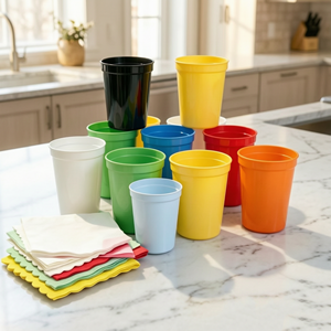 Vasos Desechables de Plástico PP Negros Multicolor de 500 ml para Fiestas, Cerveza, Cócteles, Refrescos, Navidad, Halloween, con Servilleta - Product Image 1