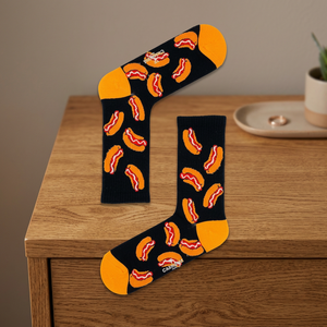 Fun Colorful Unisex 100% Cotton Homewear <b>Socks</b> with Hot <b>Dog</b> Pattern Weave Eye-Catching Design for Style and Comfort in Black - Product Image 3