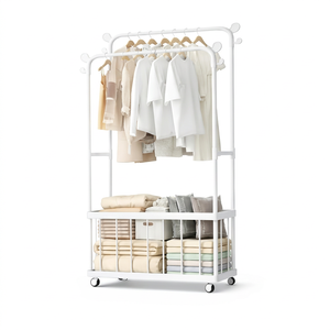 <b>White</b> Double Tier Metal <b>Clothing</b> <b>Rack</b> with Wheels for Children's Room Storage and Toy Organization - Product Image 3