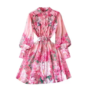 Verano edición coreana de gama alta de lujo ligero de gran tamaño vestido de mujer temperamento de manga corta Flip Collar cintura Wrap Prin vestido