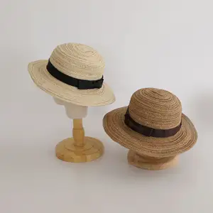 2024新款夏季沙滩度假英式平顶帽子儿童简约蝴蝶结贵族大学太阳帽
