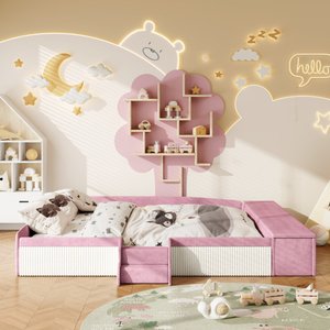 Sofá Cama Moderno Tapizado en Terciopelo Ecológico con Escaleras, Almacenamiento con Elevación a Gas, Otomana y Barandillas Acolchadas en Contraste Rosa+Blanco - Product Image 2