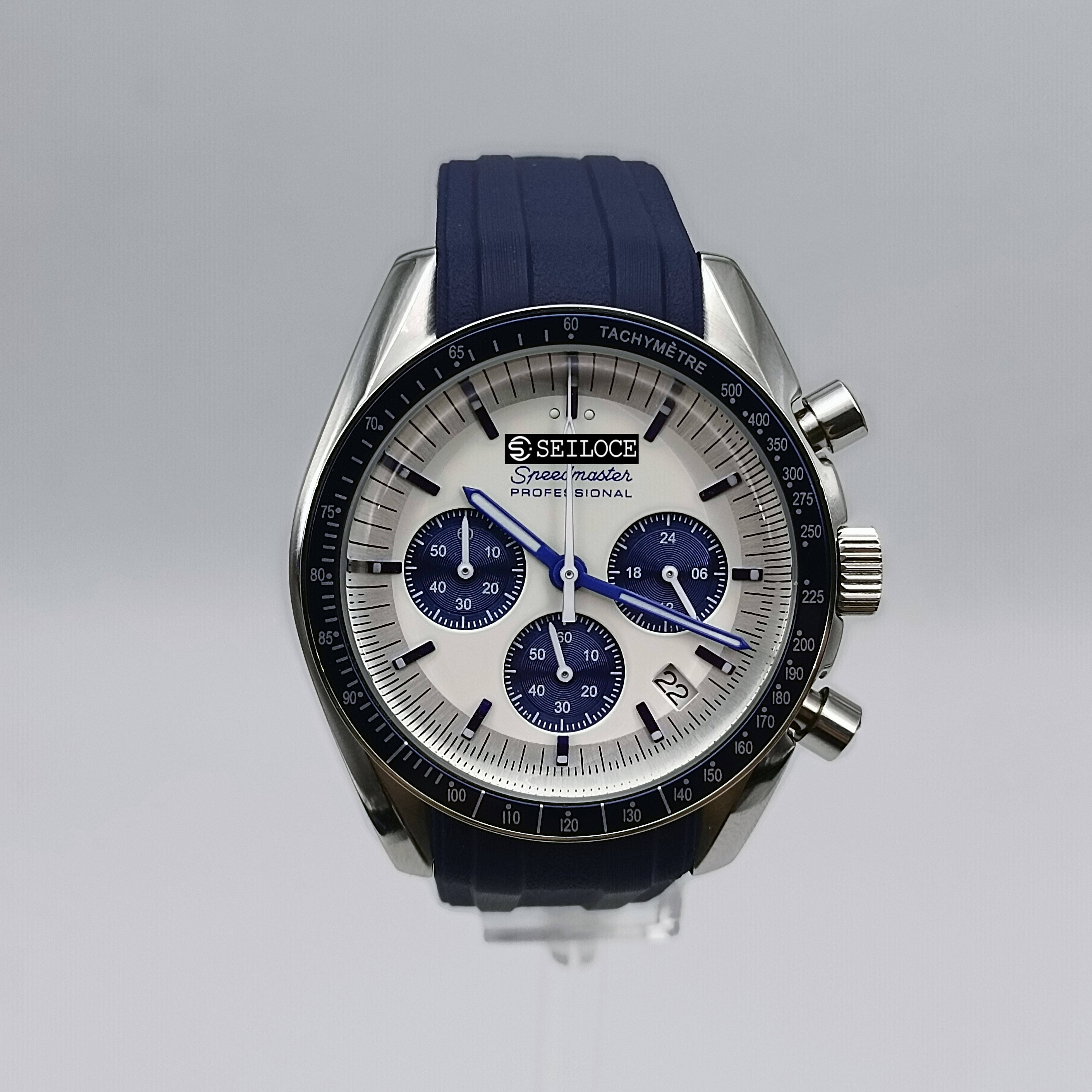 Silver Case+White Dial+Blue hand+Blue strap